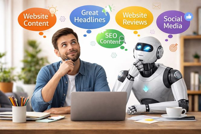 Human content writer and AI robot brainstorming — Website Content, Great Headlines, Website Reviews, SEO Content, Social Media